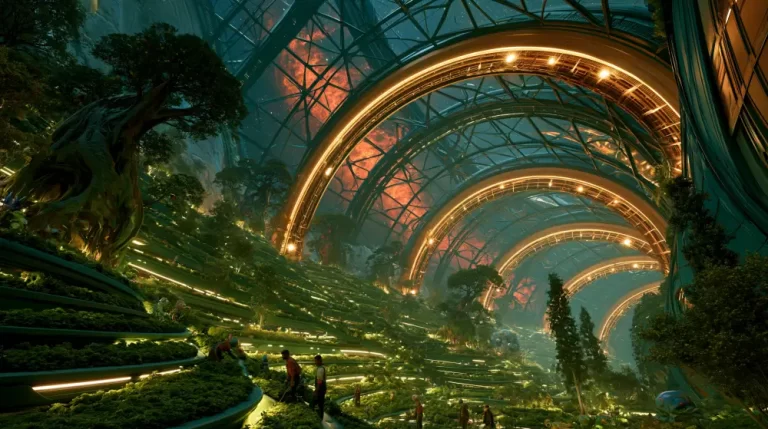A colossal futuristic greenhouse inside a space station with terraced green gardens and tall trees under arched structural lights looking at a red nebula sky