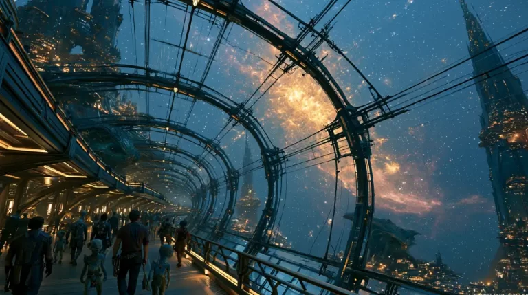 Interstellar orbital glass concourse inside a futuristic space station with travelers overlooking a glowing golden nebula.