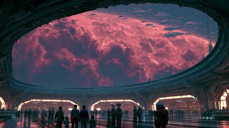 A wide futuristic indoor plaza on a space station filled with people and alien beings looking through an immense oval window at a giant swirling pink nebula