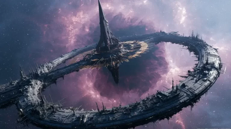 A massive detailed ring-shaped space station with a sharp central spire floating in deep space against a vast purple nebula vortex