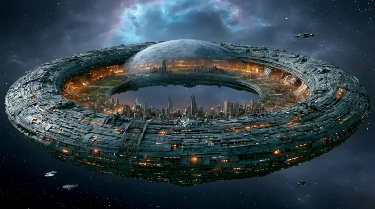 A massive ring-shaped space station floating in deep space with a futuristic metropolis built inside its inner curve and a giant central glass dome