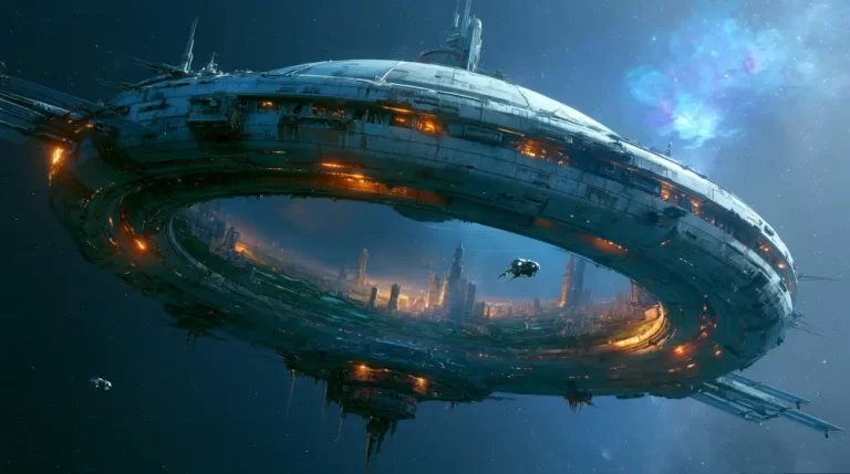 A massive circular ring shaped space station floating in deep space revealing an internal futuristic city with spires and small flying spacecrafts