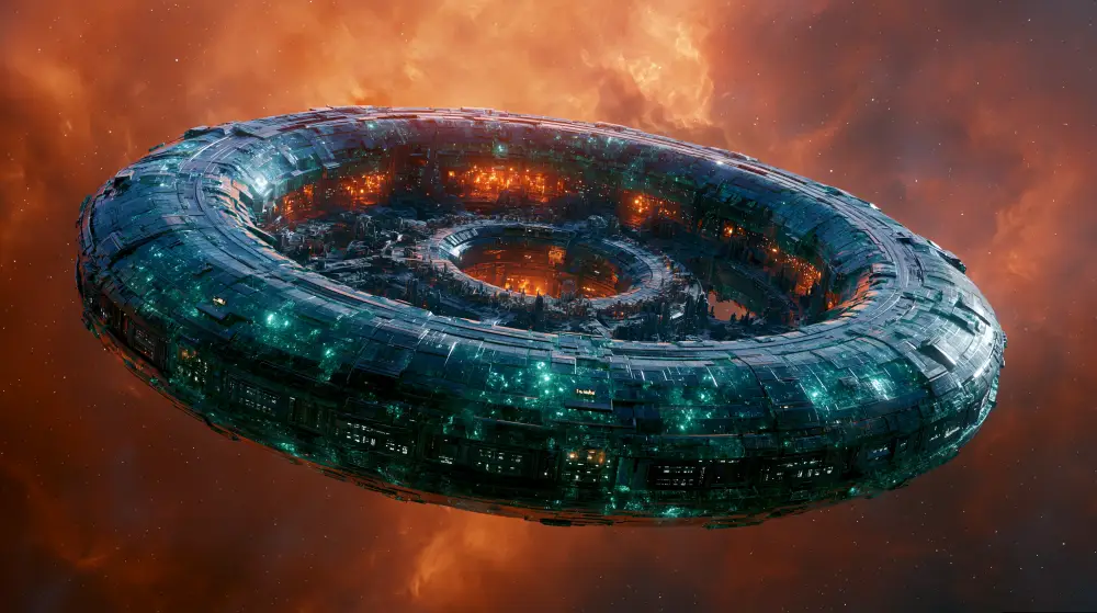 A massive highly detailed circular ring shaped space station floating in deep space against a backdrop of dense glowing orange nebula clouds