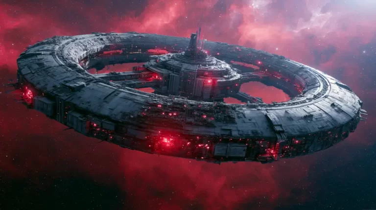 A massive circular ring shaped space station with glowing red lights floating in deep space against a dense red cosmic nebula