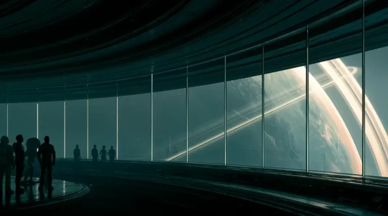 Silhouettes of crew members standing along a vast curved glass observation deck looking at a giant ringed planet in deep space