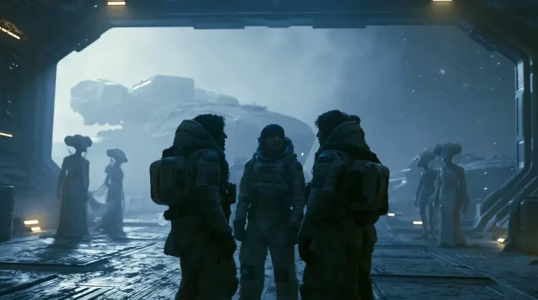 Astronauts in thick spacesuits talking on a space station hangar deck with alien figures standing near a large parked spacecraft under a starry sky