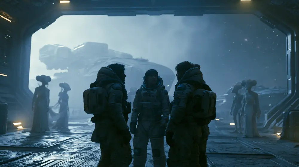 Astronauts in thick spacesuits talking on a space station hangar deck with alien figures standing near a large parked spacecraft under a starry sky
