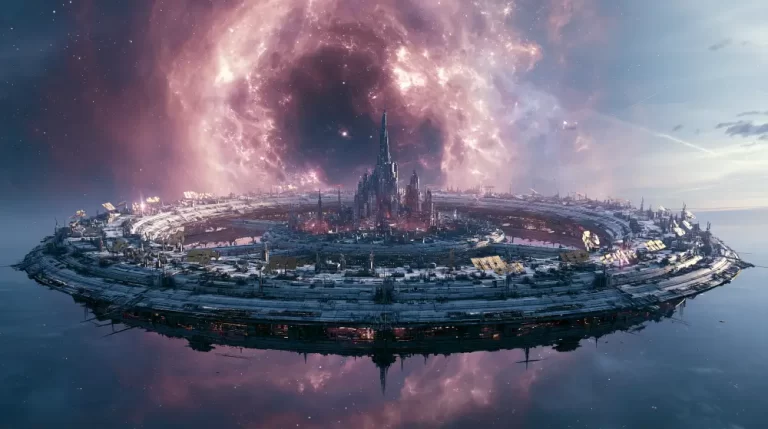 A massive circular disc-shaped space station floating over a planet with a towering central spire under a glowing pink nebula vortex