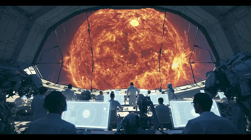 A modern spacecraft observation room filled with researchers at screens looking through a wide window at a giant boiling sun