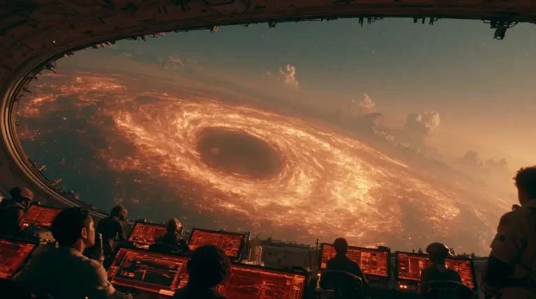 Space station command deck monitoring a massive fiery wormhole through panoramic observation windows.