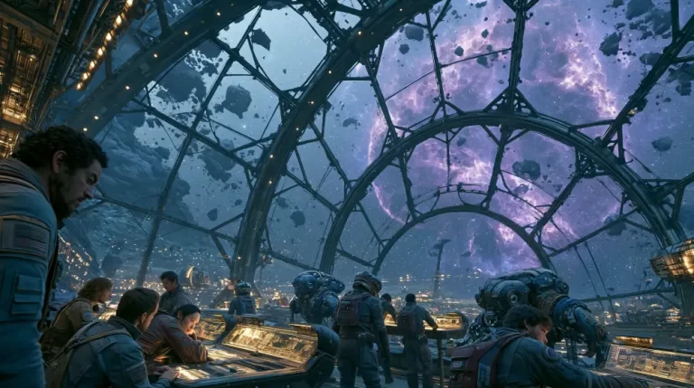 A group of operators inside a massive industrial space station observation dome looking through a glass framework at floating asteroids and a purple nebula