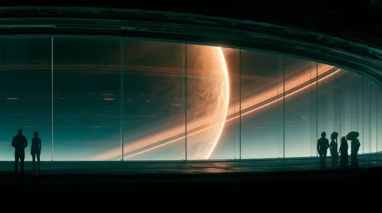 Silhouettes of people standing inside a dark panoramic space station observatory looking at a massive glowing ringed planet in deep space