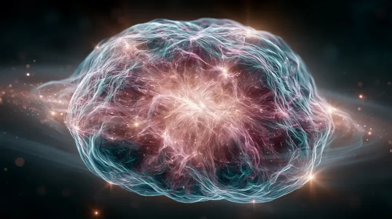 A highly detailed cosmic entity resembling a brain or cellular structure glowing with soft pink and teal filaments in deep space.