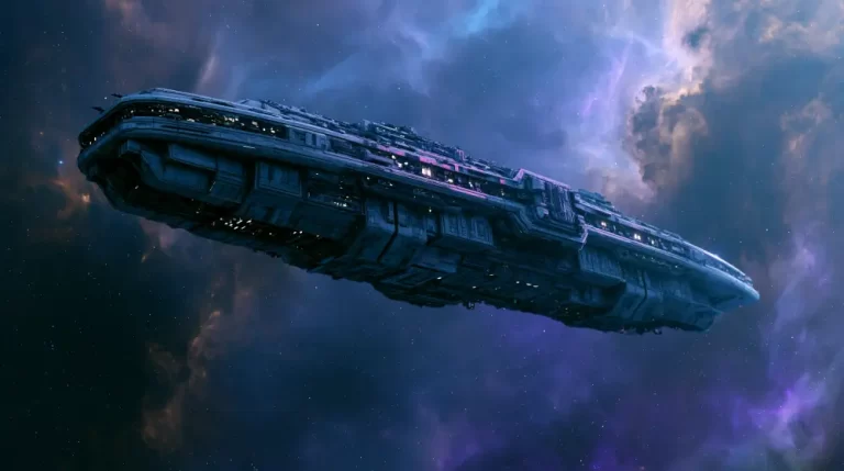 Interstellar starship traveling through a glowing purple and blue nebula in deep space.