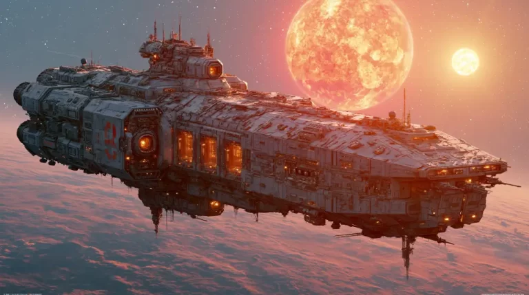A colossal industrial starship floating in orbit over a planet covered in pink clouds with two large glowing suns in the starry background