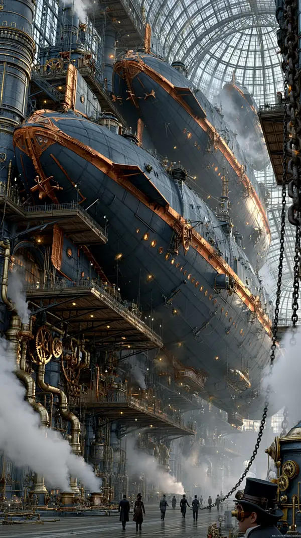 Massive steampunk airships under construction inside an enormous industrial drydock filled with pipes, steam, machinery, and engineers.