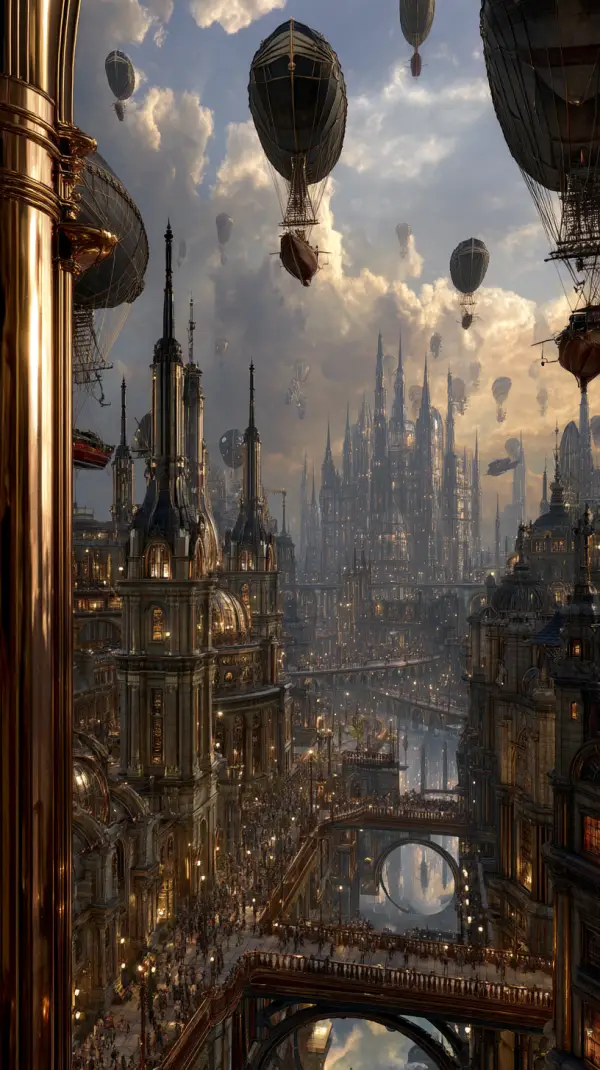 A breathtaking steampunk capital city with towering architecture, crowded bridges, and majestic airships floating through dramatic clouds.
