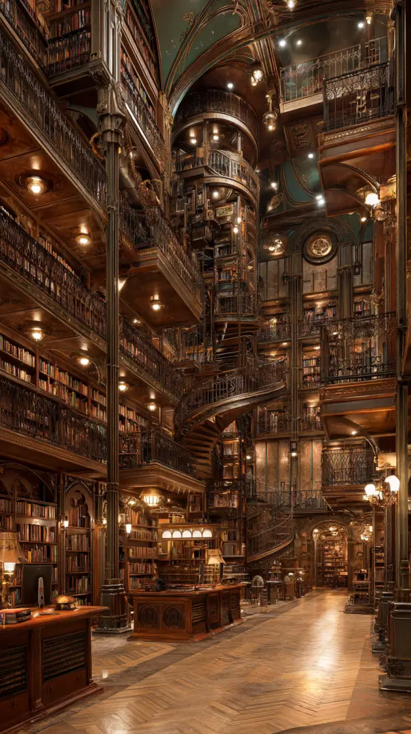 A magnificent steampunk library filled with towering bookshelves, spiral staircases, ornate balconies, and intricate Victorian mechanical architecture.