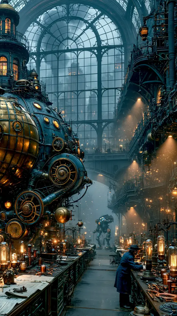 A vast steampunk research workshop filled with colossal machinery, glowing instruments, engineers, and advanced mechanical technology beneath a glass roof.