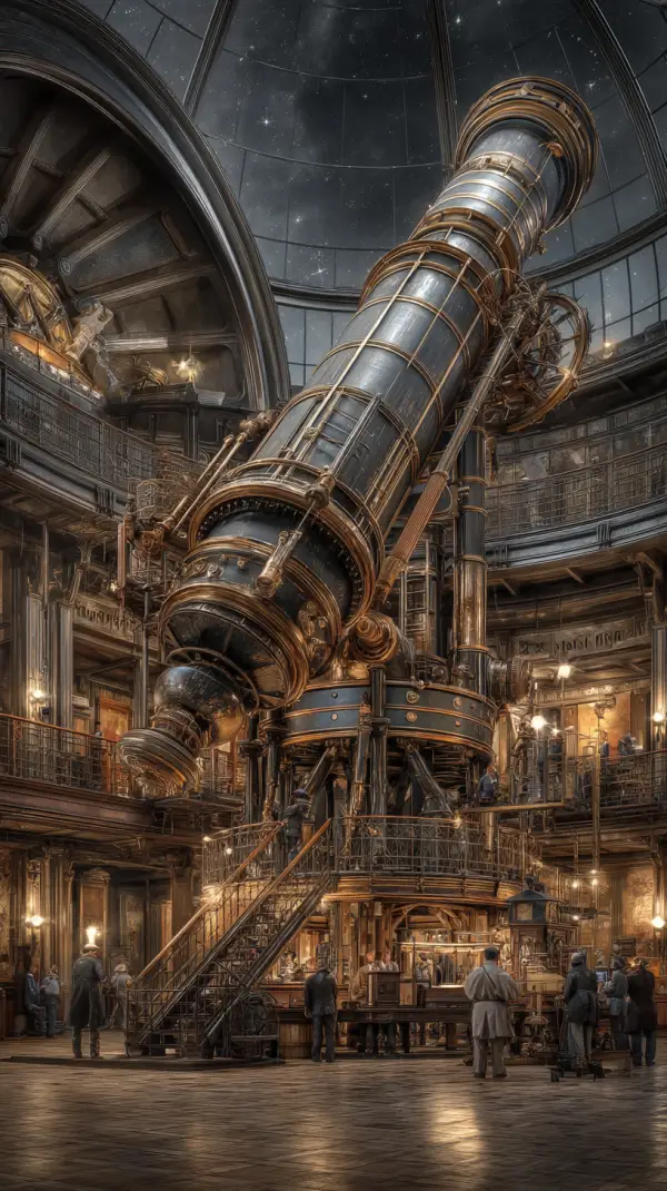 A colossal steampunk telescope dominates the interior of a magnificent observatory filled with scientists, brass machinery, and towering galleries.