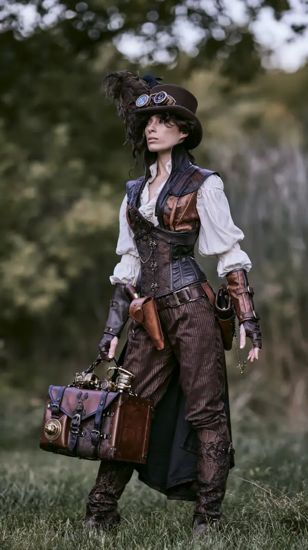 A stylish steampunk lady explorer wearing Victorian adventuring attire and carrying an ornate mechanical travel case with brass instruments.
