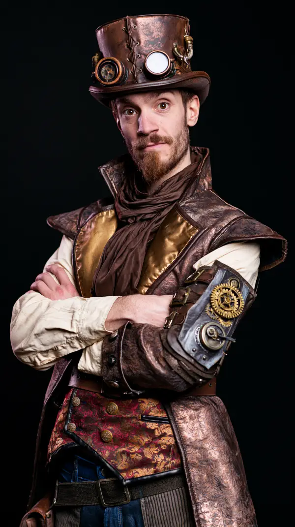 A confident steampunk engineer wearing a brass top hat, mechanical gauntlet, and ornate Victorian clothing against a dark background.