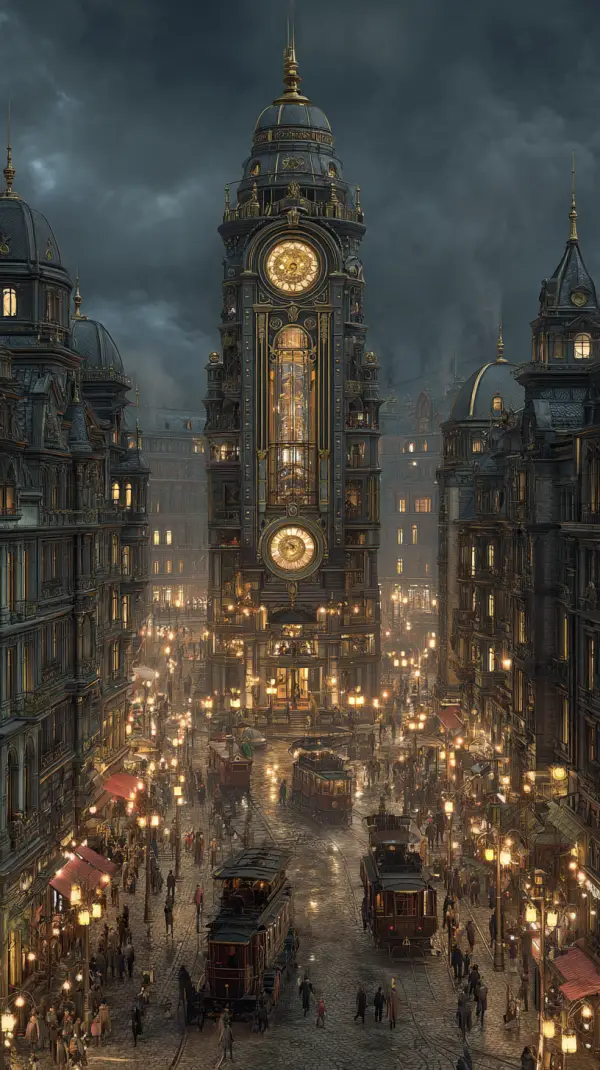 A monumental steampunk clock tower rises above a lively city boulevard with glowing streetlights, vintage trams, and ornate Victorian architecture.