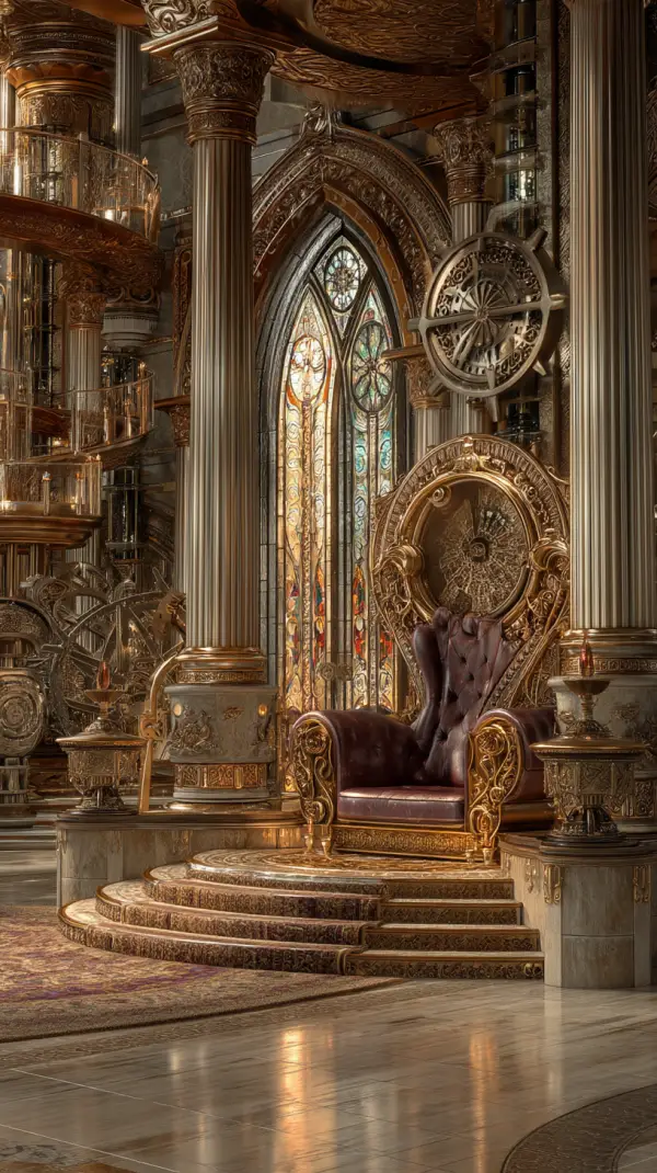 An opulent steampunk throne hall featuring an ornate royal chair, towering columns, stained glass windows, and intricate mechanical machinery.