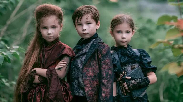 Three children wearing elegant steampunk Victorian clothing pose together in a peaceful forest setting.