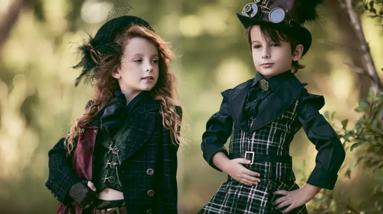 Two children wearing elegant steampunk Victorian clothing with vintage hats and brass goggles pose in a woodland setting.