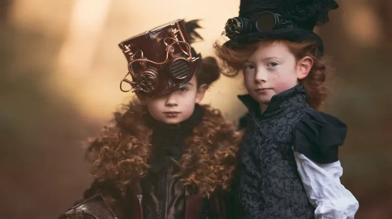 Two children wearing elegant steampunk Victorian clothing and mechanical hats in a cinematic portrait with authentic retro-futuristic fashion.