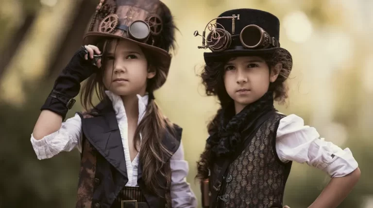 Two children wearing elegant steampunk Victorian clothing with ornate top hats and vintage goggles pose confidently outdoors.
