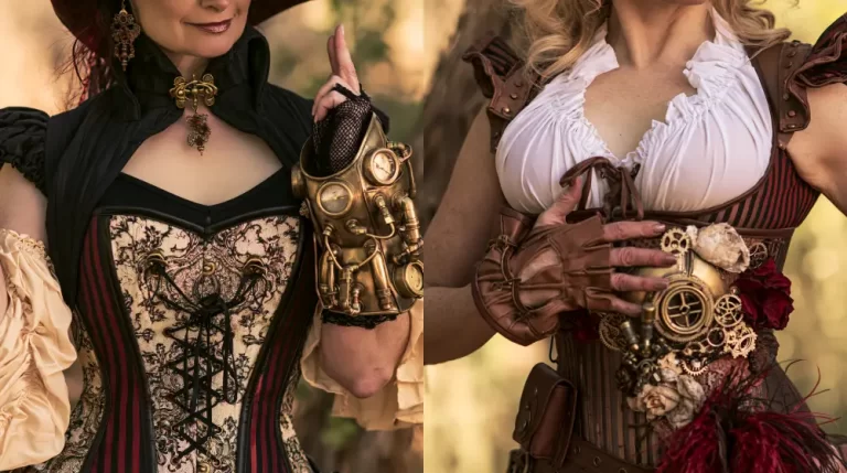 Close-up of two women wearing elaborate steampunk Victorian corsets decorated with intricate clockwork mechanisms and brass accessories.