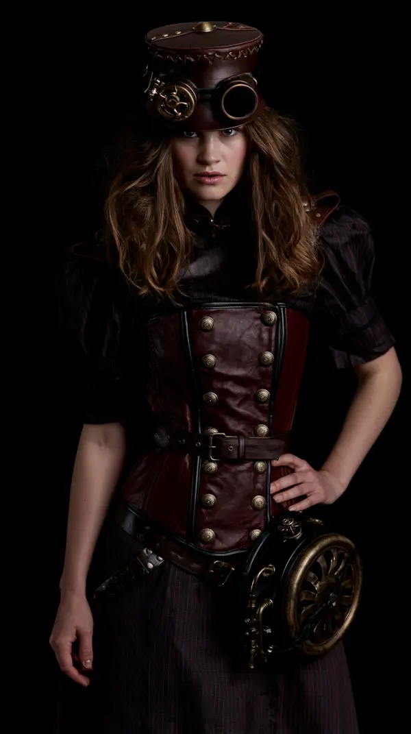 A confident steampunk engineer wearing brass goggles, a leather corset, and Victorian attire while carrying an intricate mechanical device.