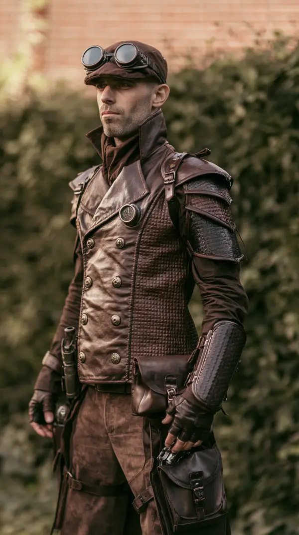 A rugged steampunk expedition scout wearing leather armor, brass goggles, and practical gear while standing ready for adventure.