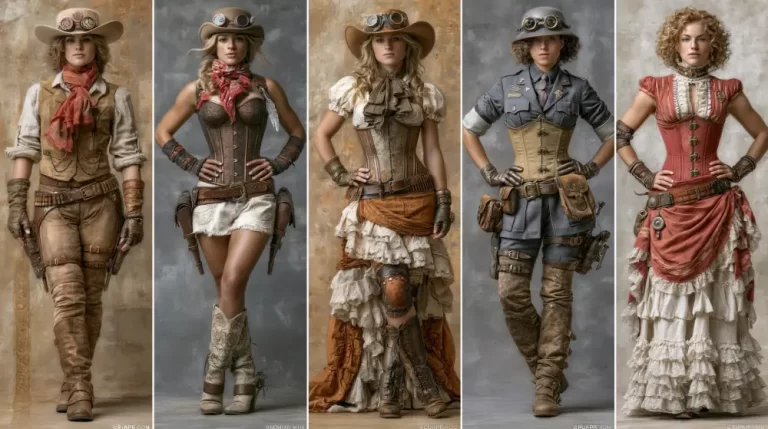 Five women wearing distinctive Victorian-inspired steampunk outfits with corsets, hats, goggles, and leather accessories.
