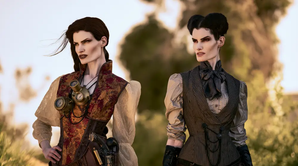 Two women wearing elegant steampunk Victorian outfits with brass optical devices pose outdoors in warm evening light.