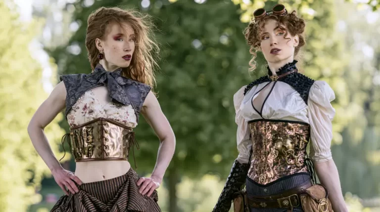 Two women wearing elegant steampunk Victorian outfits with ornate brass corsets pose confidently in a lush outdoor setting.