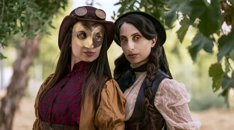 Two women wearing elegant steampunk Victorian clothing pose together, one with a brass mask and vintage goggles.