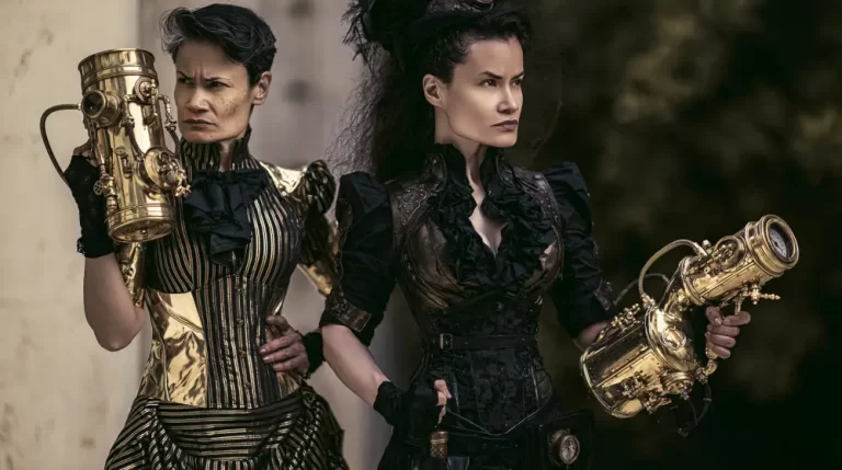 Two women wearing elegant steampunk Victorian clothing hold ornate brass ray guns in a determined battle-ready stance.