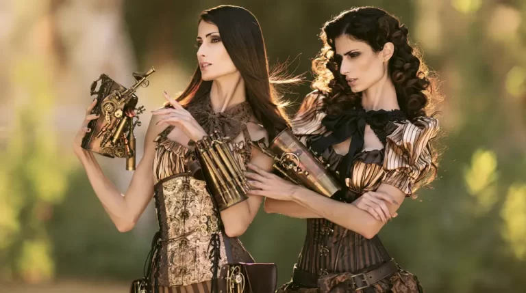 Two women wearing elegant steampunk Victorian outfits display intricate mechanical brass gauntlets and retro-futuristic accessories.