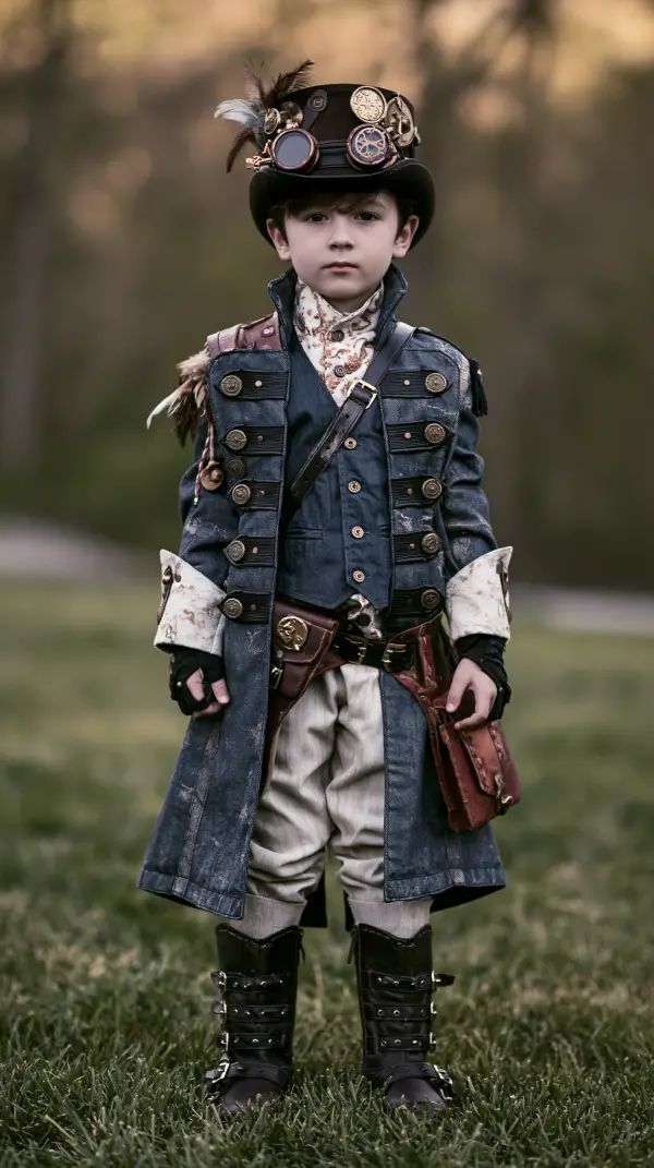 A young steampunk adventurer wearing a decorated top hat, Victorian explorer clothing, and brass accessories while standing outdoors.