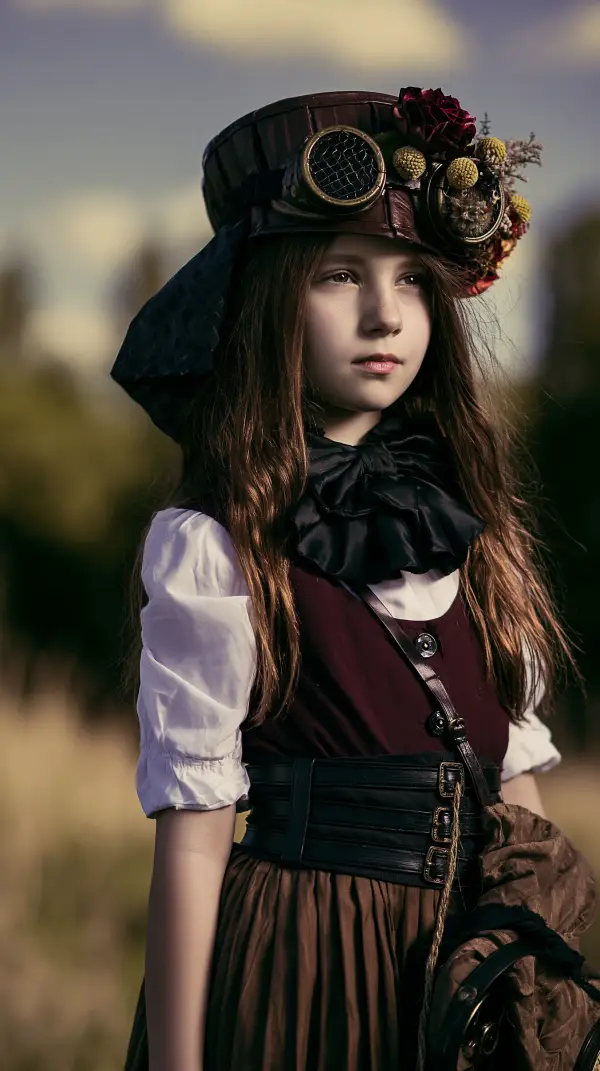 A young steampunk girl wearing a Victorian dress and a floral decorated hat with brass goggles, standing outdoors in soft evening light.
