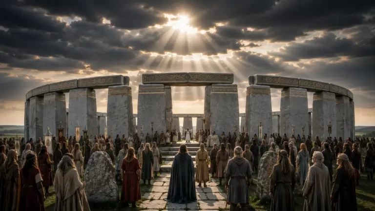 Ancient people gathered inside Stonehenge during a dramatic sunlit ceremony beneath dark clouds.