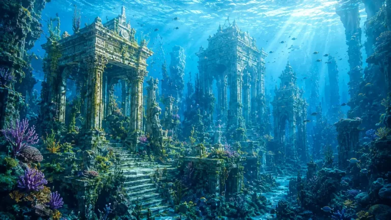 Sunken ancient temple ruins with stone steps, broken columns, coral growth, fish, and bright shafts of underwater sunlight.