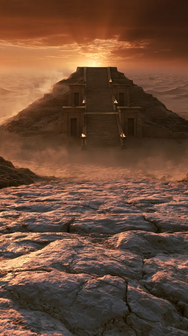An ancient desert ziggurat rises from shifting sands beneath a glowing sunset with ceremonial stairways and burning braziers.