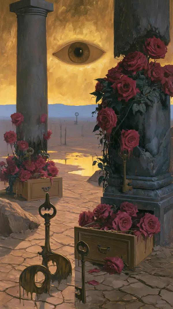 A surreal landscape with giant ancient keys, rose-covered stone columns, and a mysterious eye watching over a barren plain.