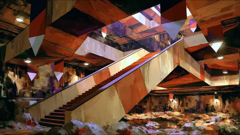 Surreal interior with angular stairs, fragmented walls, colorful light, and geometric architecture.