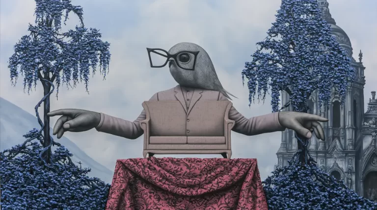 Bird-headed figure seated between blue trees in a surreal garden.