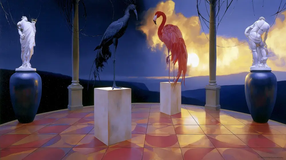 Surreal gallery with bird sculptures on pedestals, glowing sunset, and classical statues.